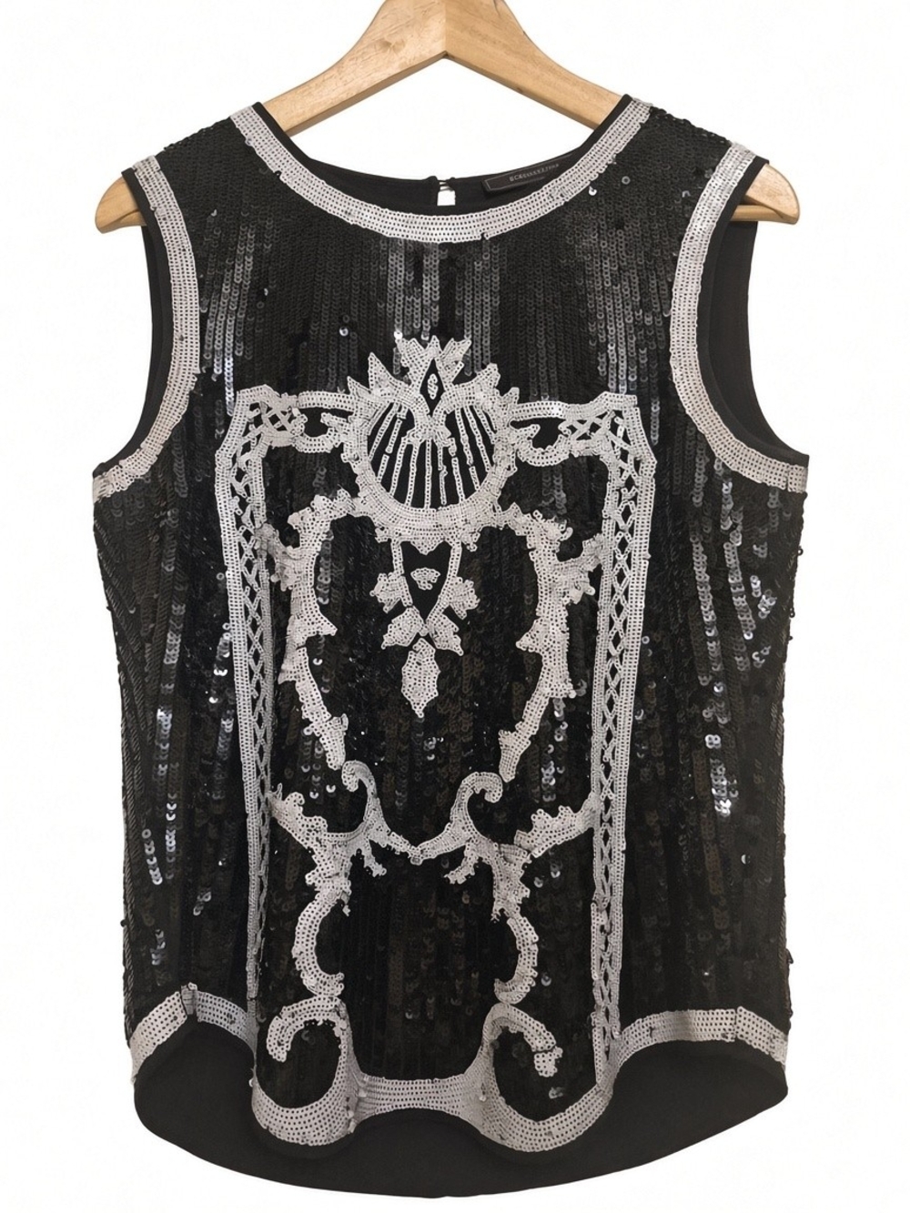 BCBGMaxAzria Black Sleeveless Sequin Embellished Camisole with Silver Motif